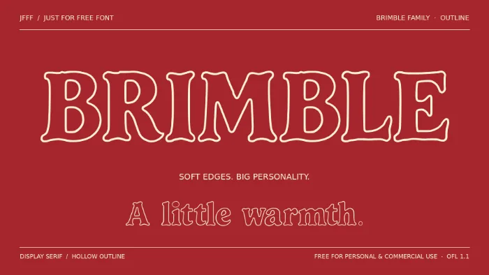 BRIMBLE Outline hollow display serif, cream outline lettering on warm red.
