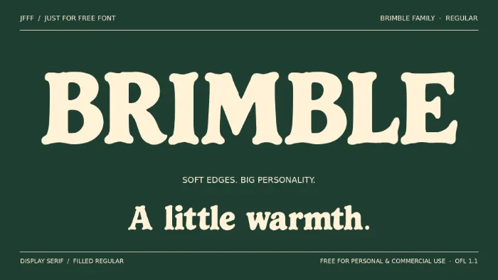 BRIMBLE Regular soft display serif, cream filled lettering on forest green.