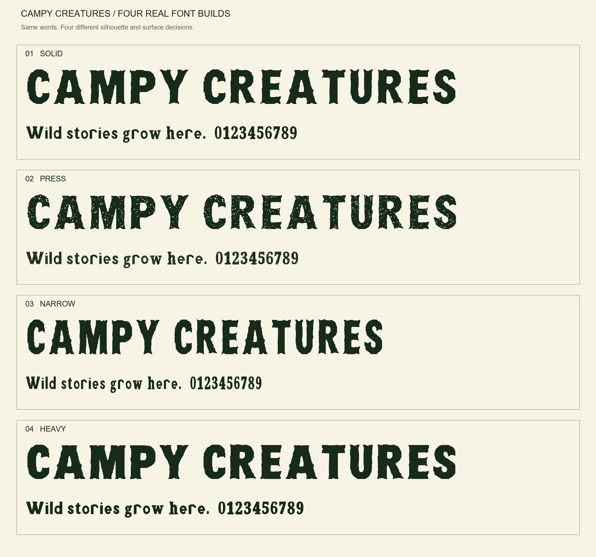 The same words rendered in Solid, Press, Narrow and Heavy, the four included font styles.