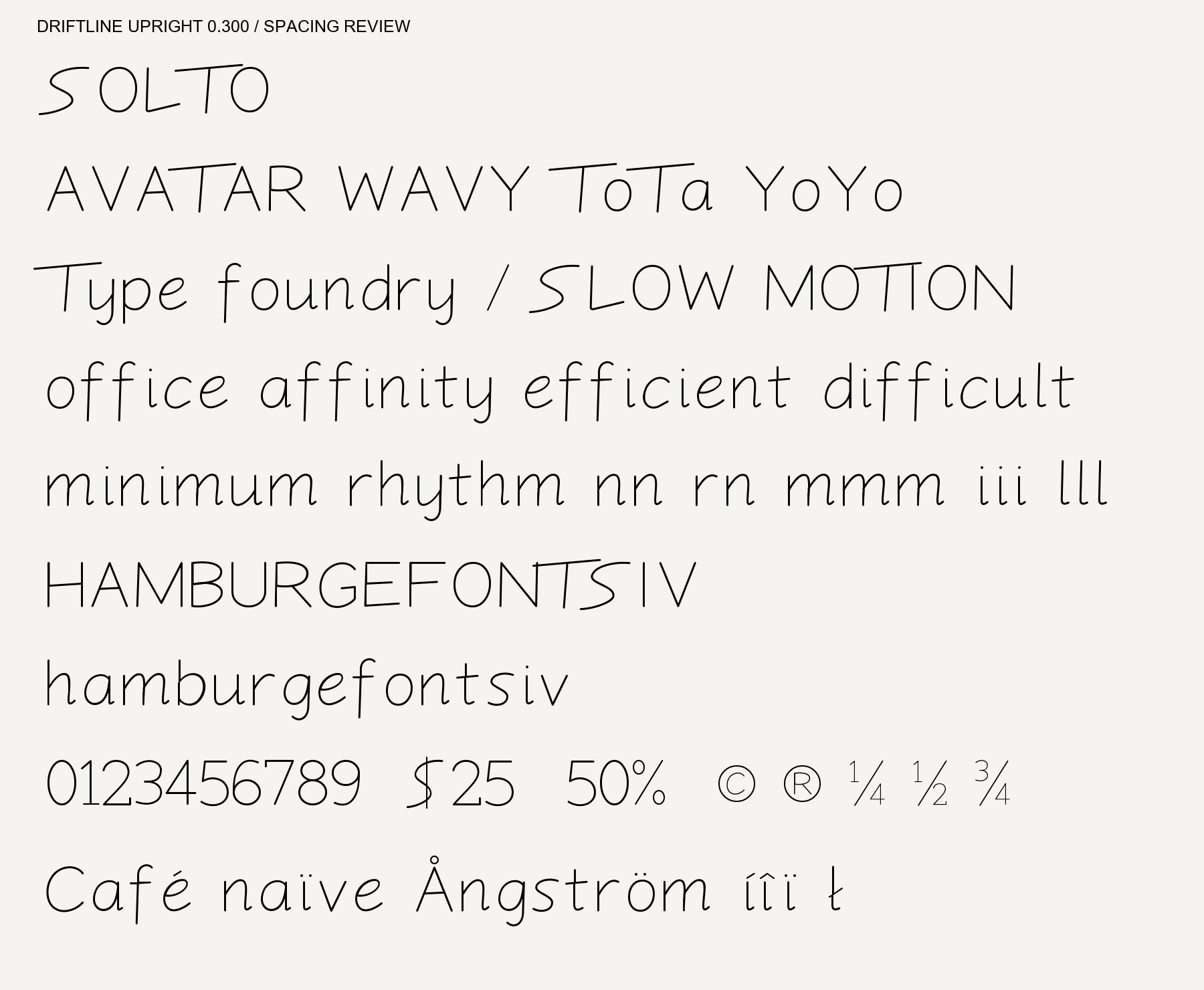 Driftline Upright capitals, lowercase, figures and symbols.