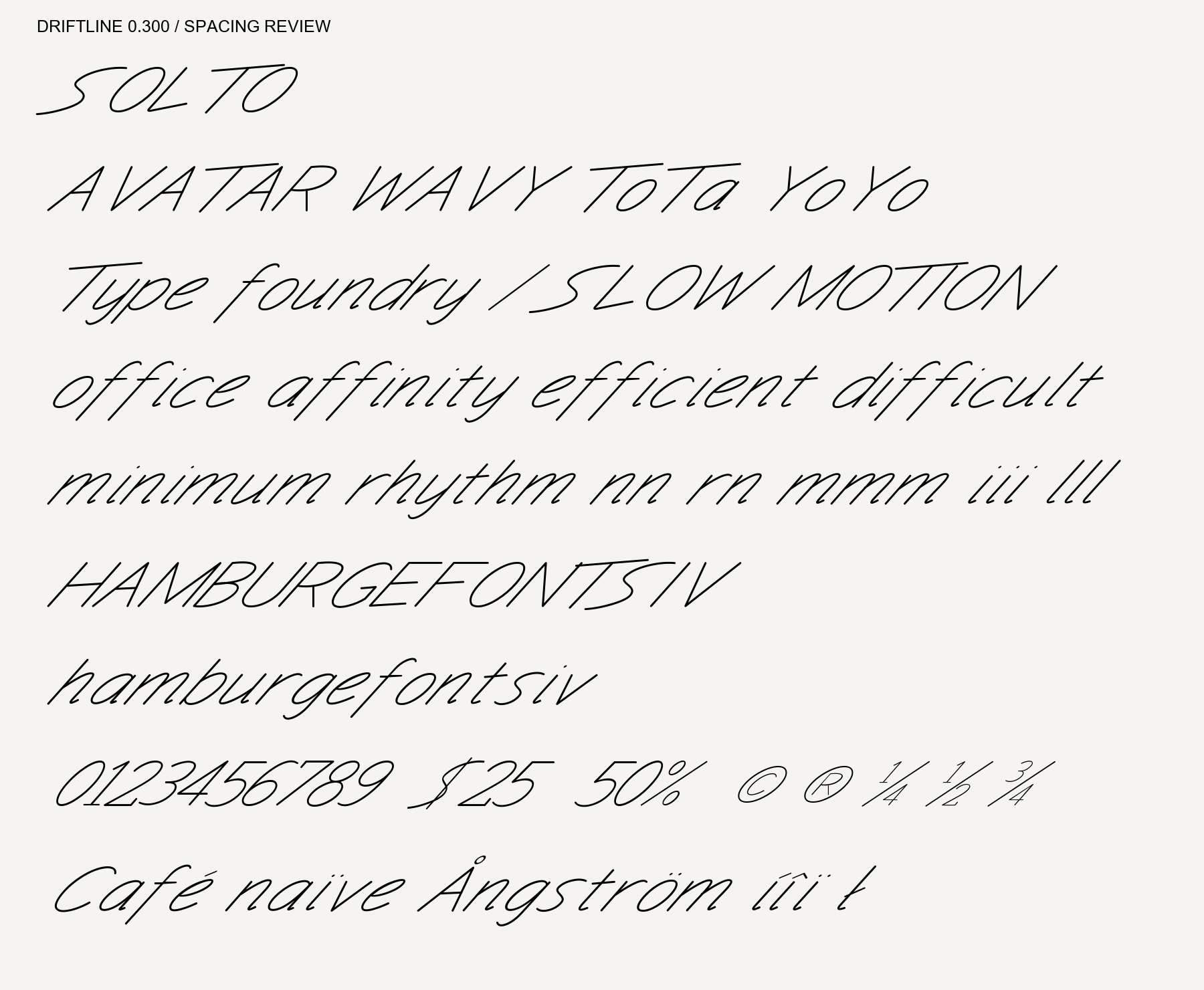 Driftline Slanted capitals, lowercase, figures and symbols.
