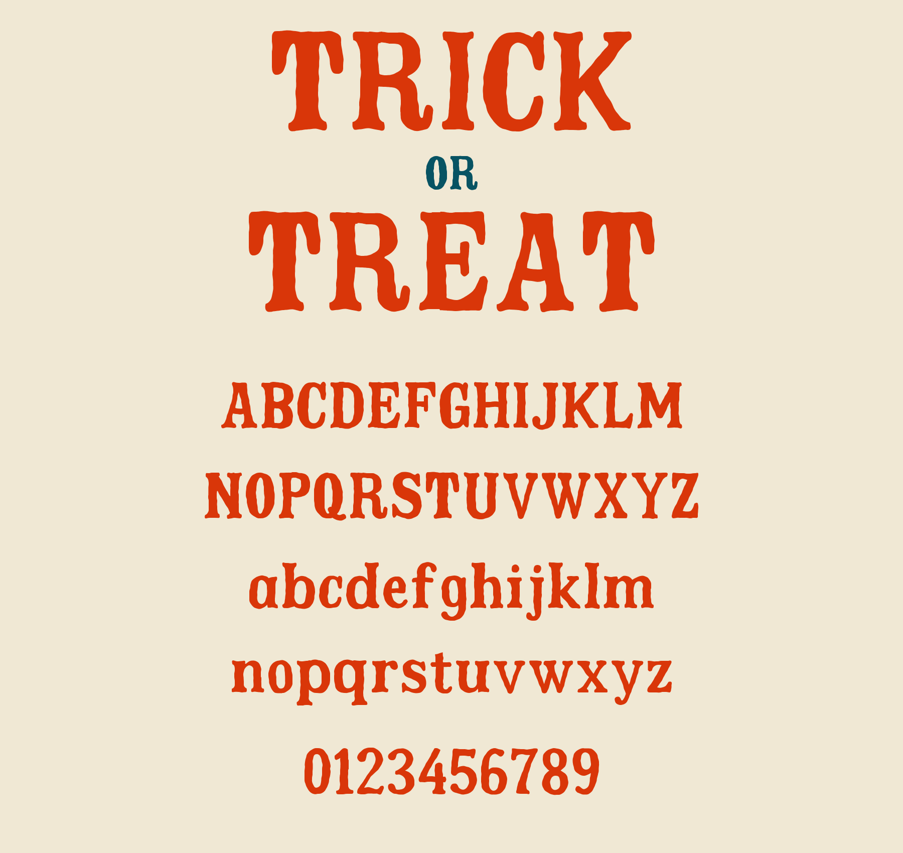Emberfair painted serif: Trick or Treat, uppercase, lowercase and numbers.