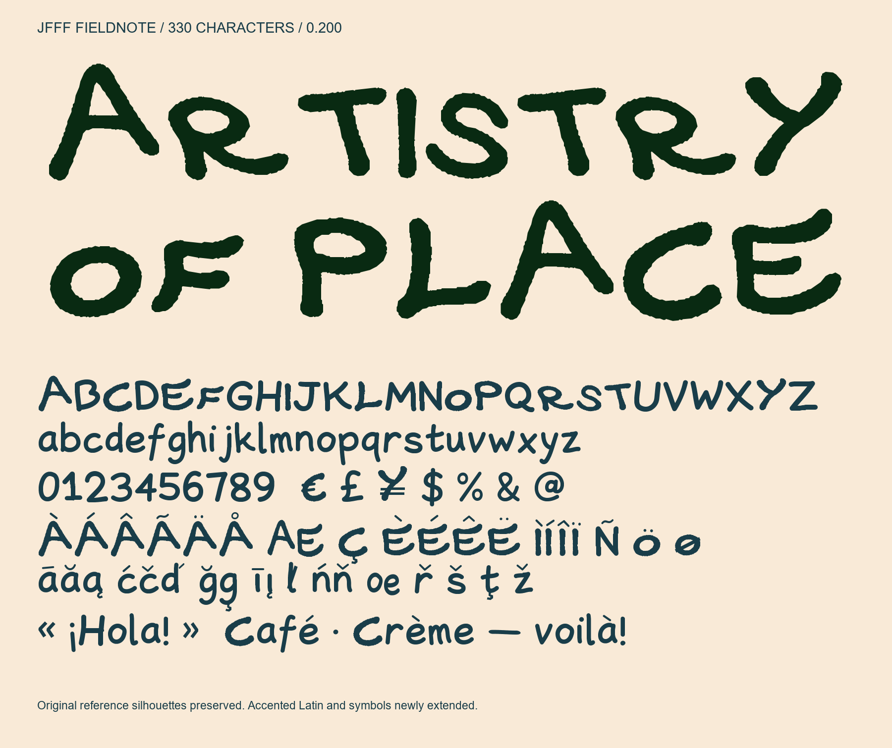 FIELDNOTE uppercase, lowercase, numerals, Latin accents and symbols.
