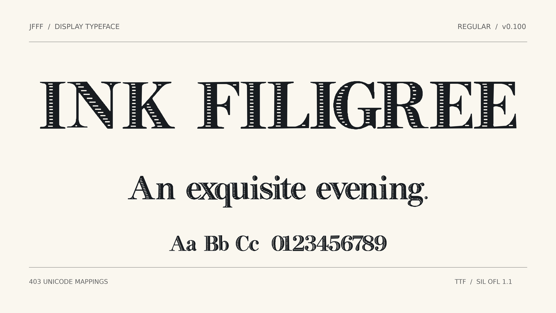 실제 INK FILIGREE 글꼴로 조판한 16:9 미리보기. 두꺼운 세리프 획 안의 반복되는 작은 홈이 보입니다.