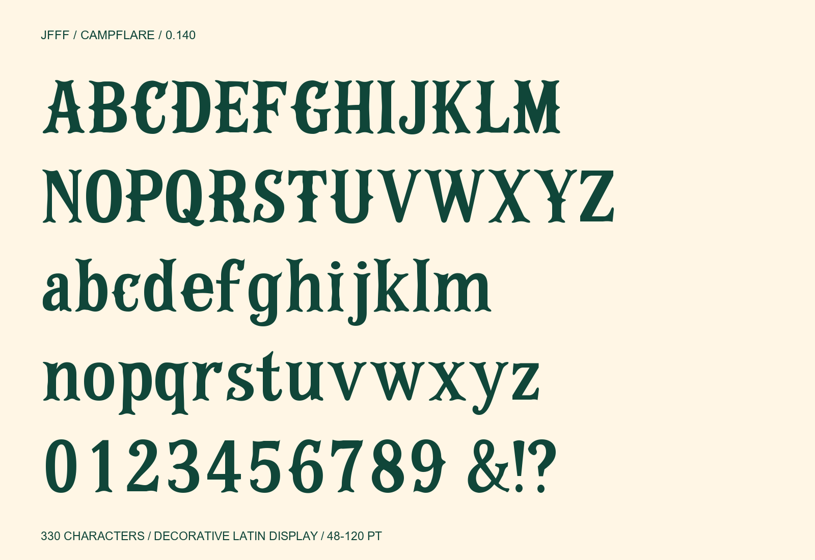 Campflare uppercase and lowercase alphabet, all ten figures and punctuation.