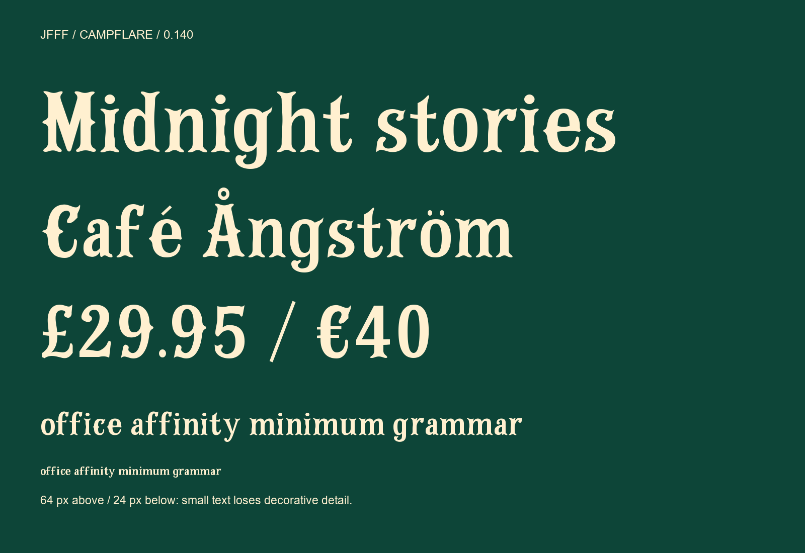 Campflare in mixed-case titles, accented Latin and prices, plus 64 px and 24 px samples showing reduced detail at small sizes.