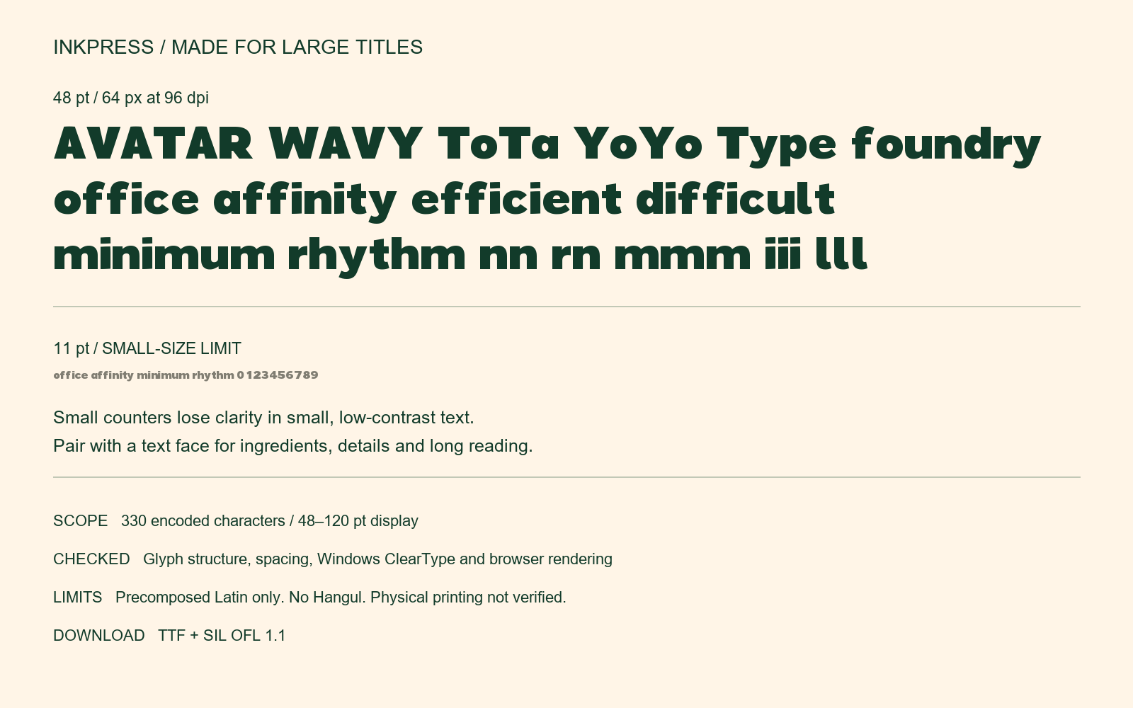 Inkpress at 48 pt with dense word proofs, compared with an 11 pt low-contrast line that demonstrates its small-text limitation.