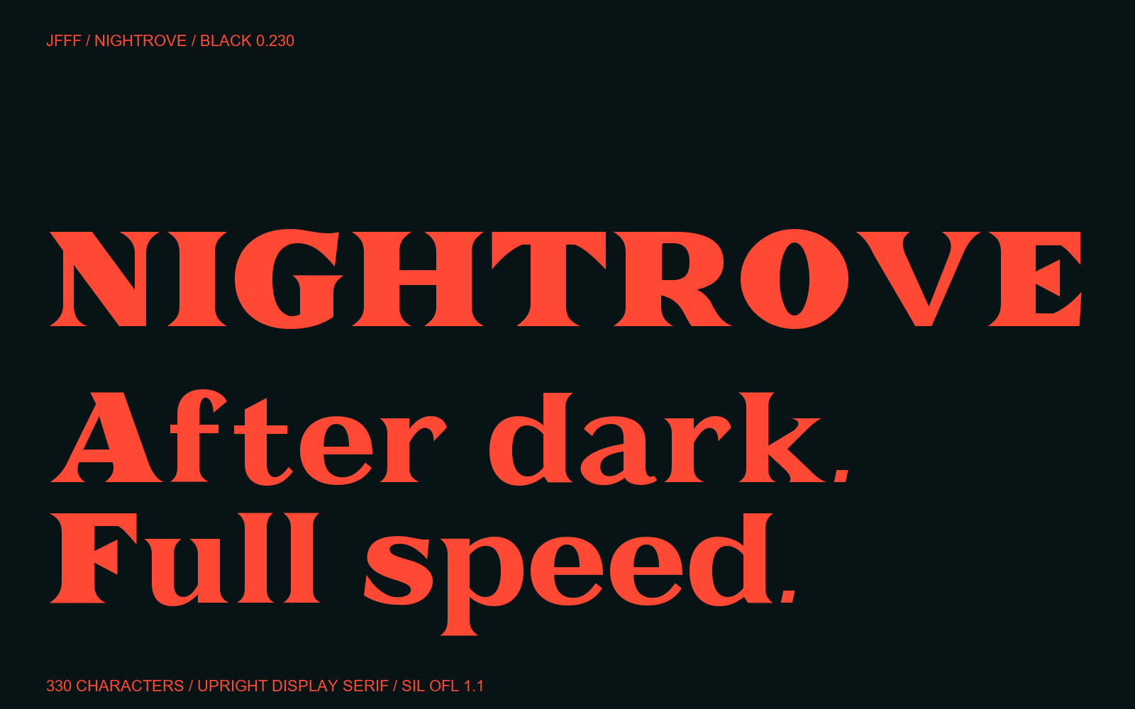 Nightrove upright black display serif: After dark. Full speed.