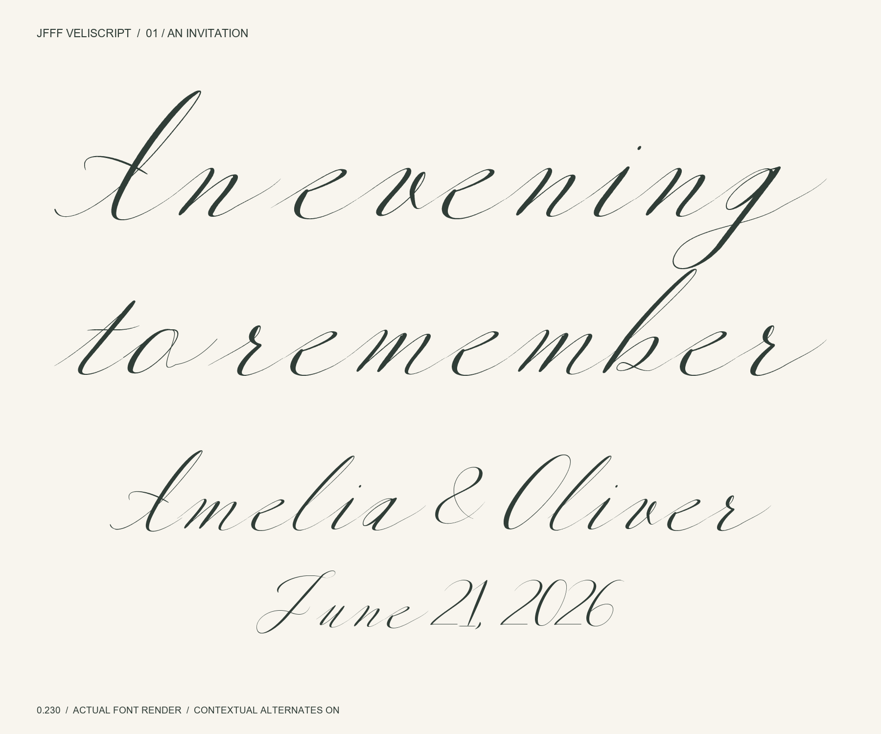 Veliscript 0.230: An evening to remember. Actual font invitation specimen.