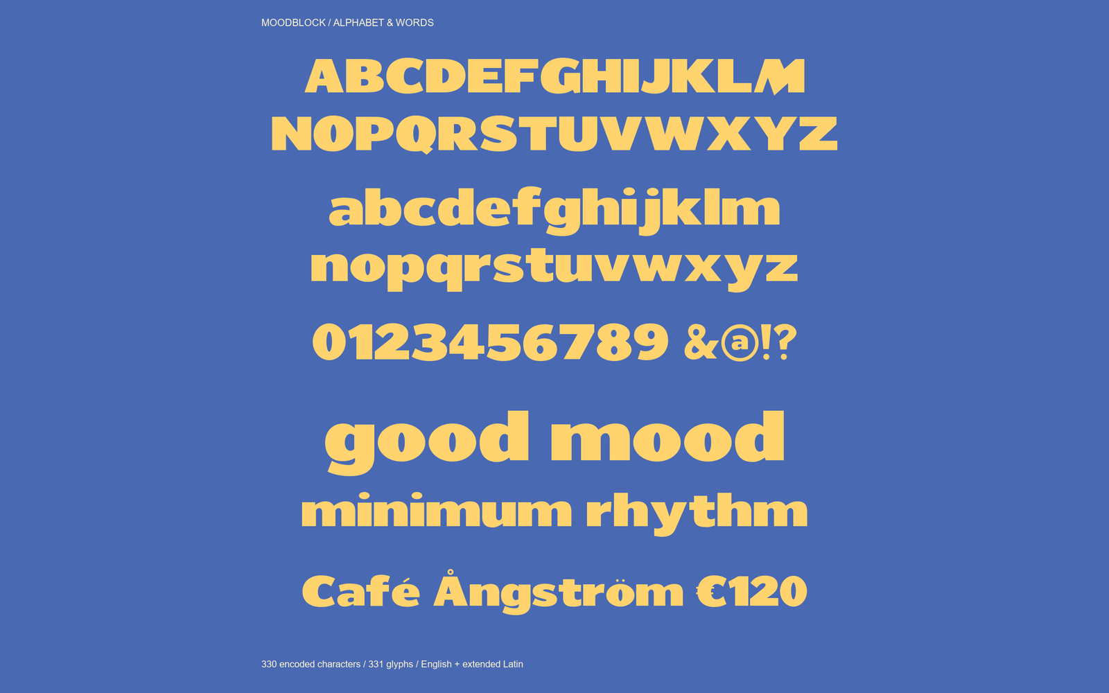 Moodblock uppercase A–Z, lowercase a–z, numbers and sample words.