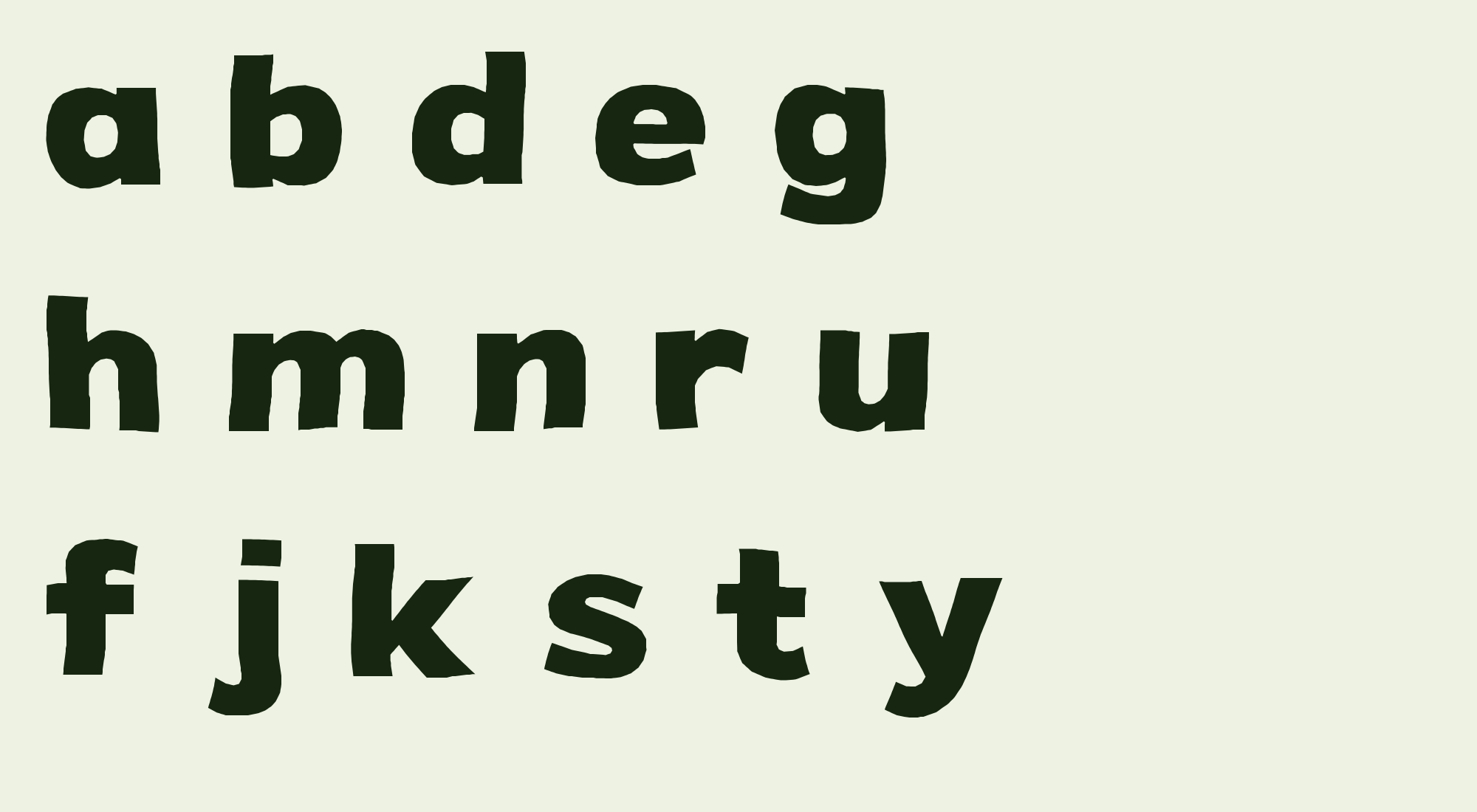 NIGHTMASS redesigned lowercase showing heavy shoulders, small counters and wide cut terminals.