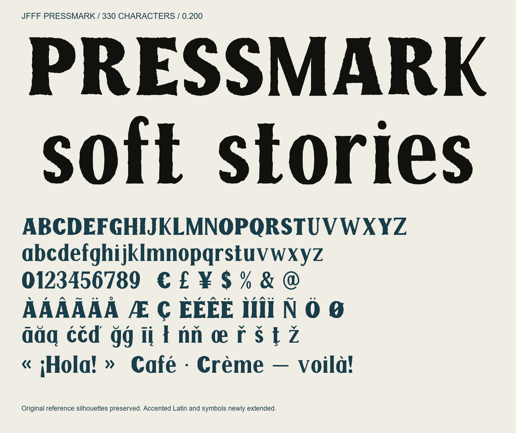 PRESSMARK uppercase, lowercase, numerals, Latin accents and symbols.