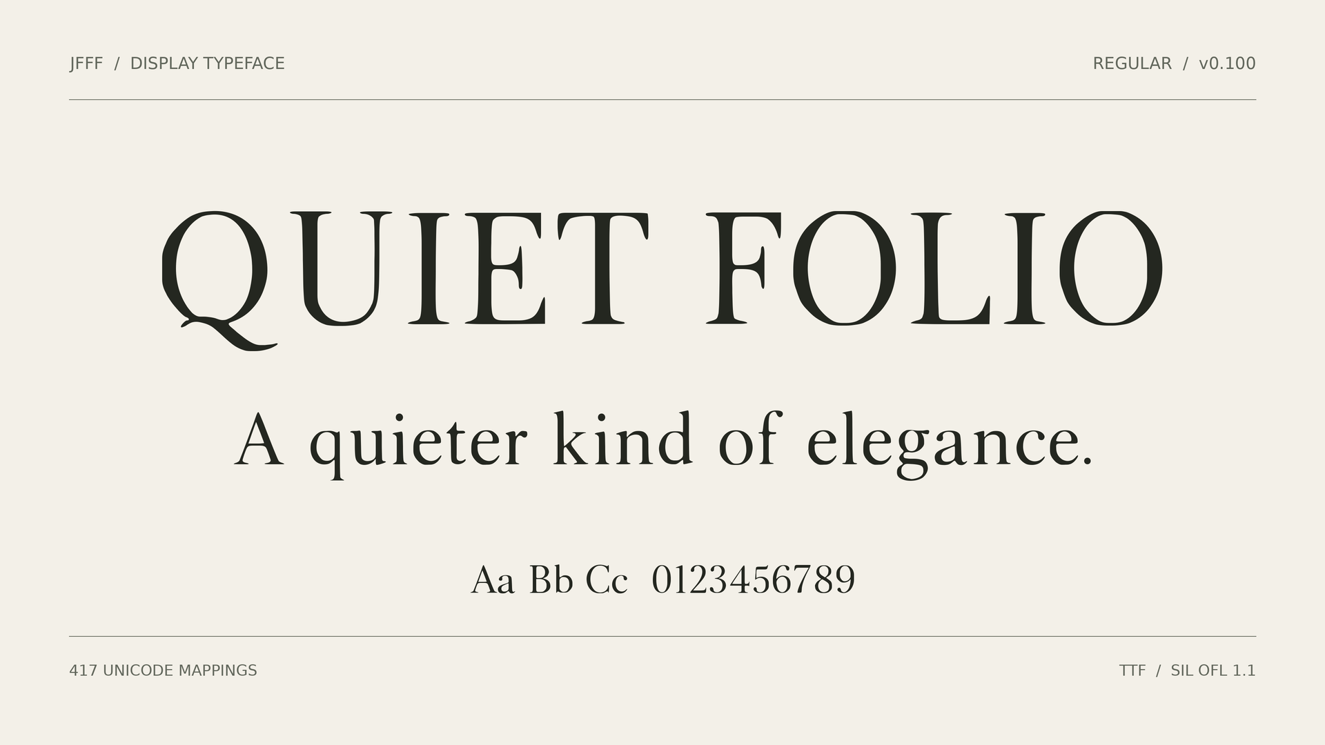 아이보리 바탕에 실제 QUIET FOLIO 글꼴로 조판한 이름과 A quieter kind of elegance. 문장. 넓은 곡선과 섬세한 세리프가 보이는 16:9 미리보기.