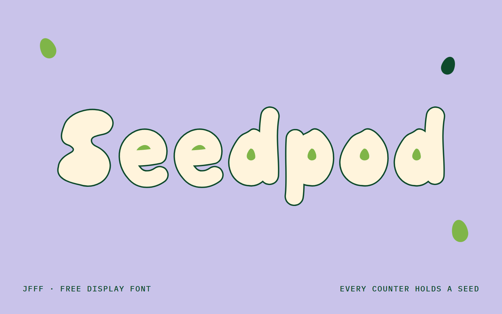 Seedpod: every counter holds a seed. The name set with green seeds in its counters on lavender.