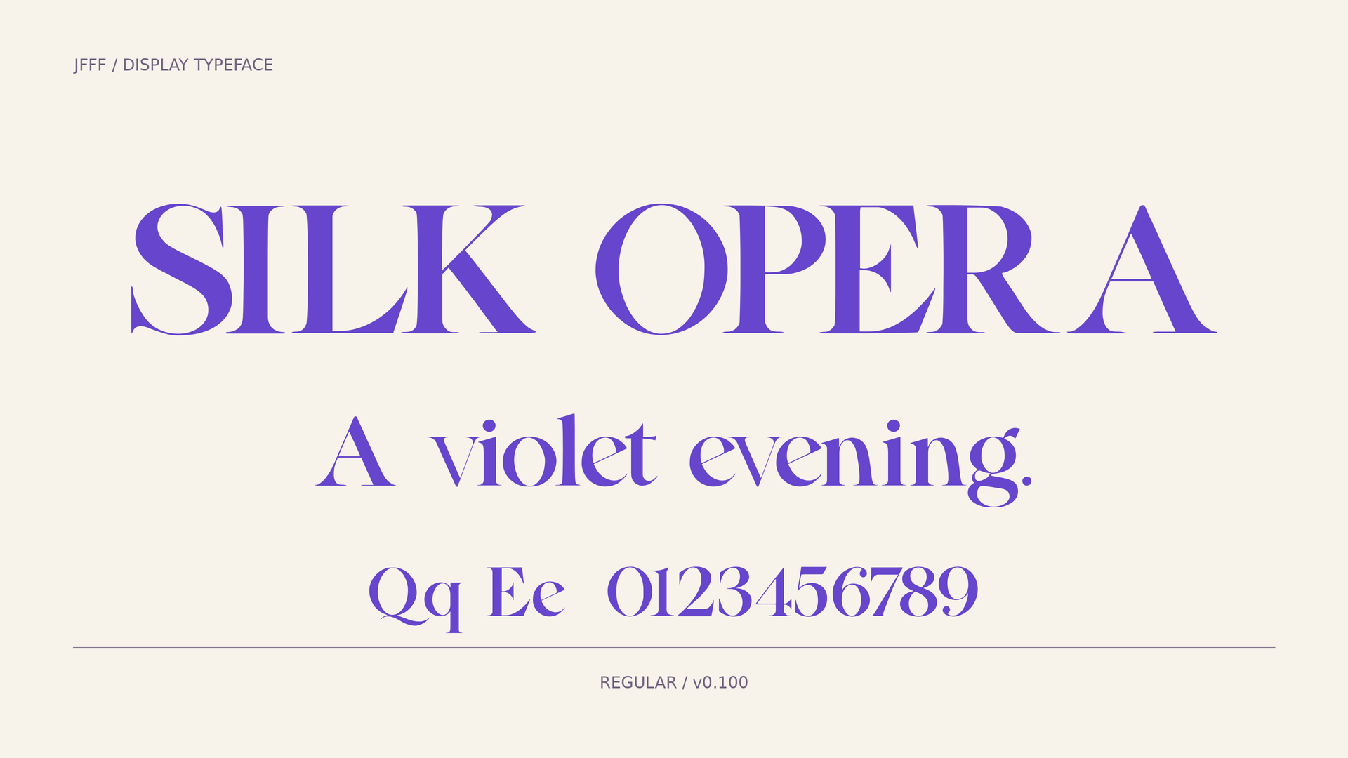 아이보리 바탕에 실제 SILK OPERA 폰트로 보라색 이름과 A violet evening. 문장을 조판한 16:9 미리보기
