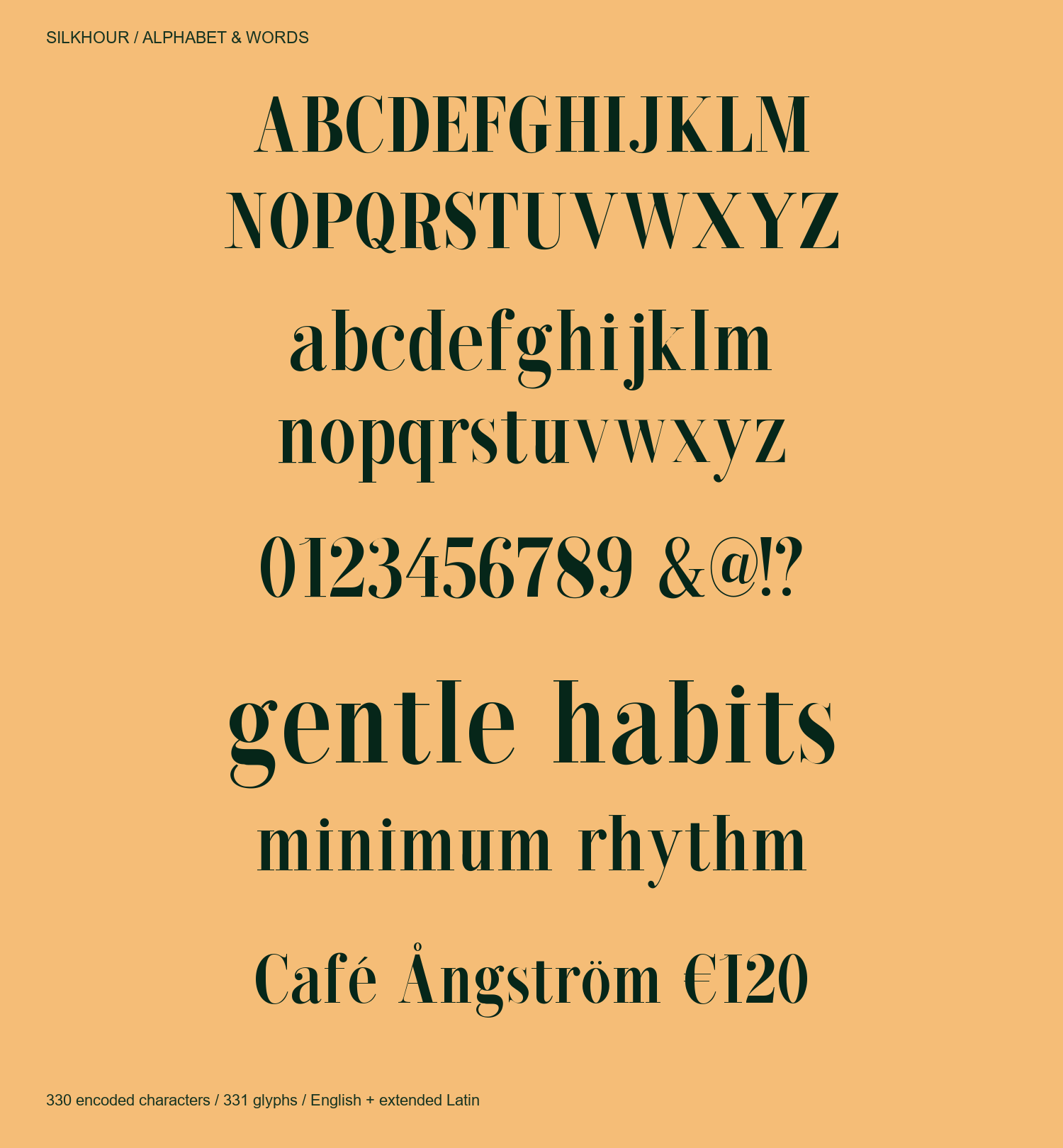 Silkhour uppercase, lowercase, figures and words.