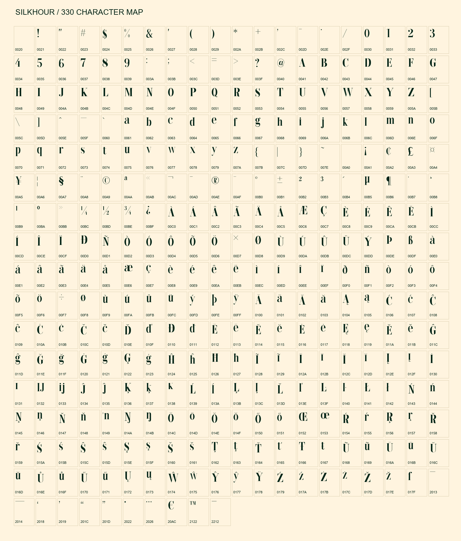 Silkhour 330-character repertoire.