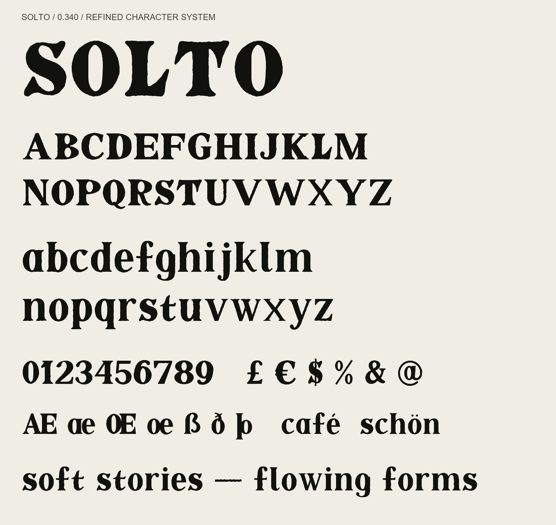 SOLTO uppercase, lowercase, numerals, Latin accents and symbols.
