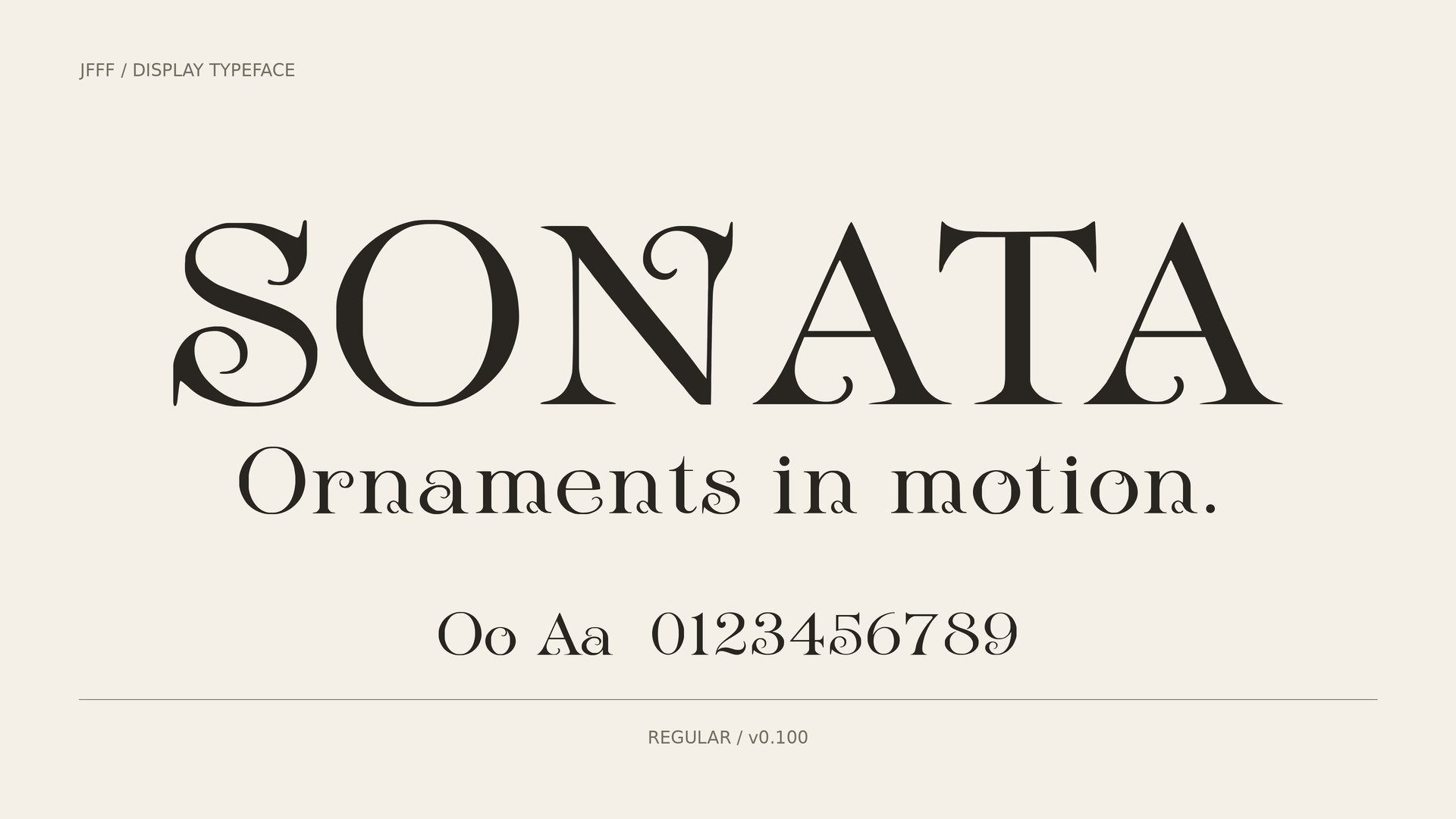 아이보리 바탕에 실제 SONATA 폰트로 짙은 회갈색 이름과 Ornaments in motion. 문장을 조판한 16:9 미리보기