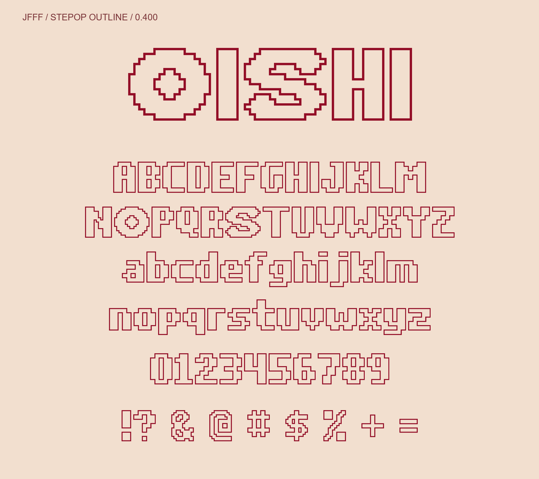 Stepop Outline 0.400 pixel-outline uppercase, lowercase and figures.