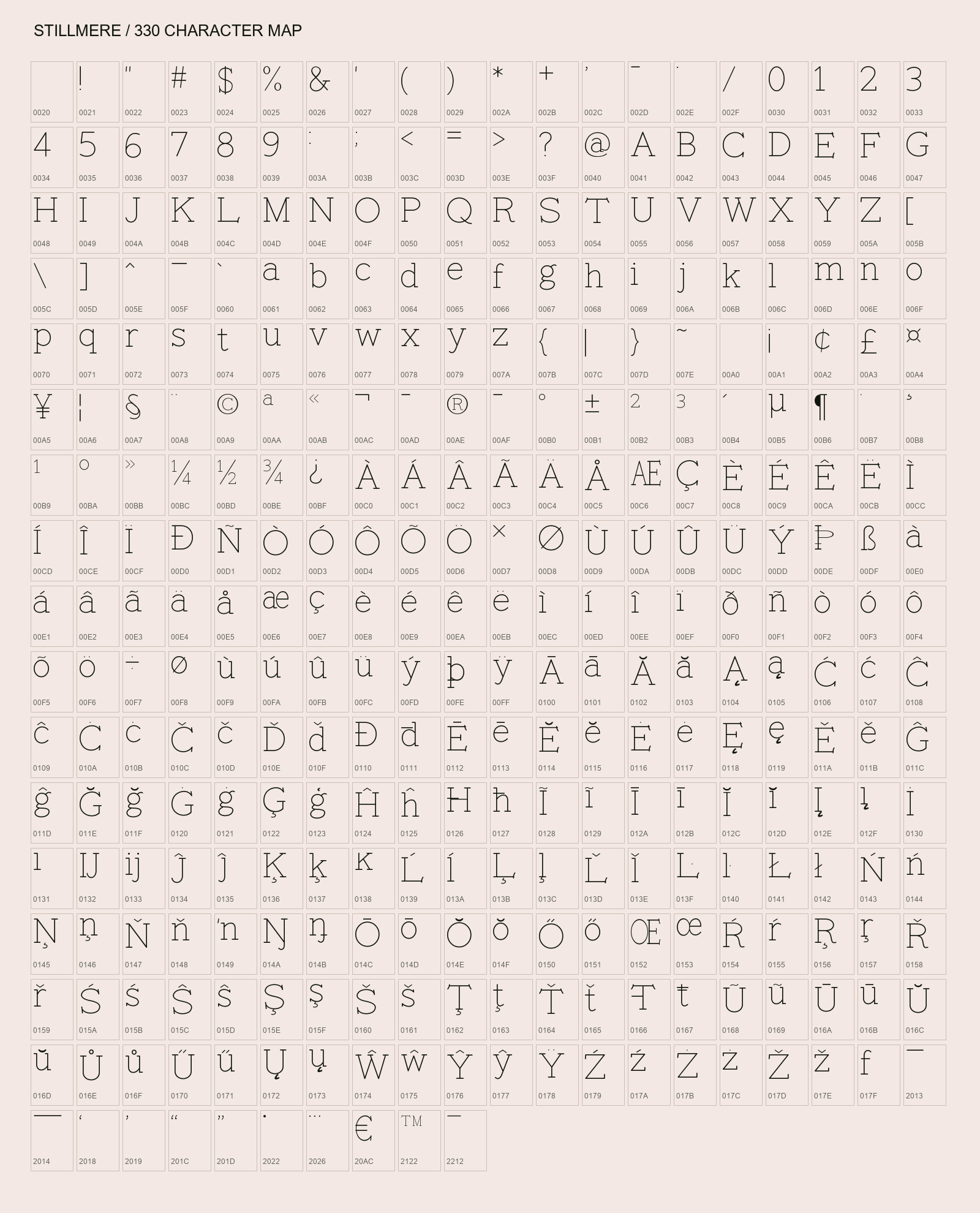 Stillmere complete 330-character map: Latin uppercase, lowercase, figures, accents and symbols.
