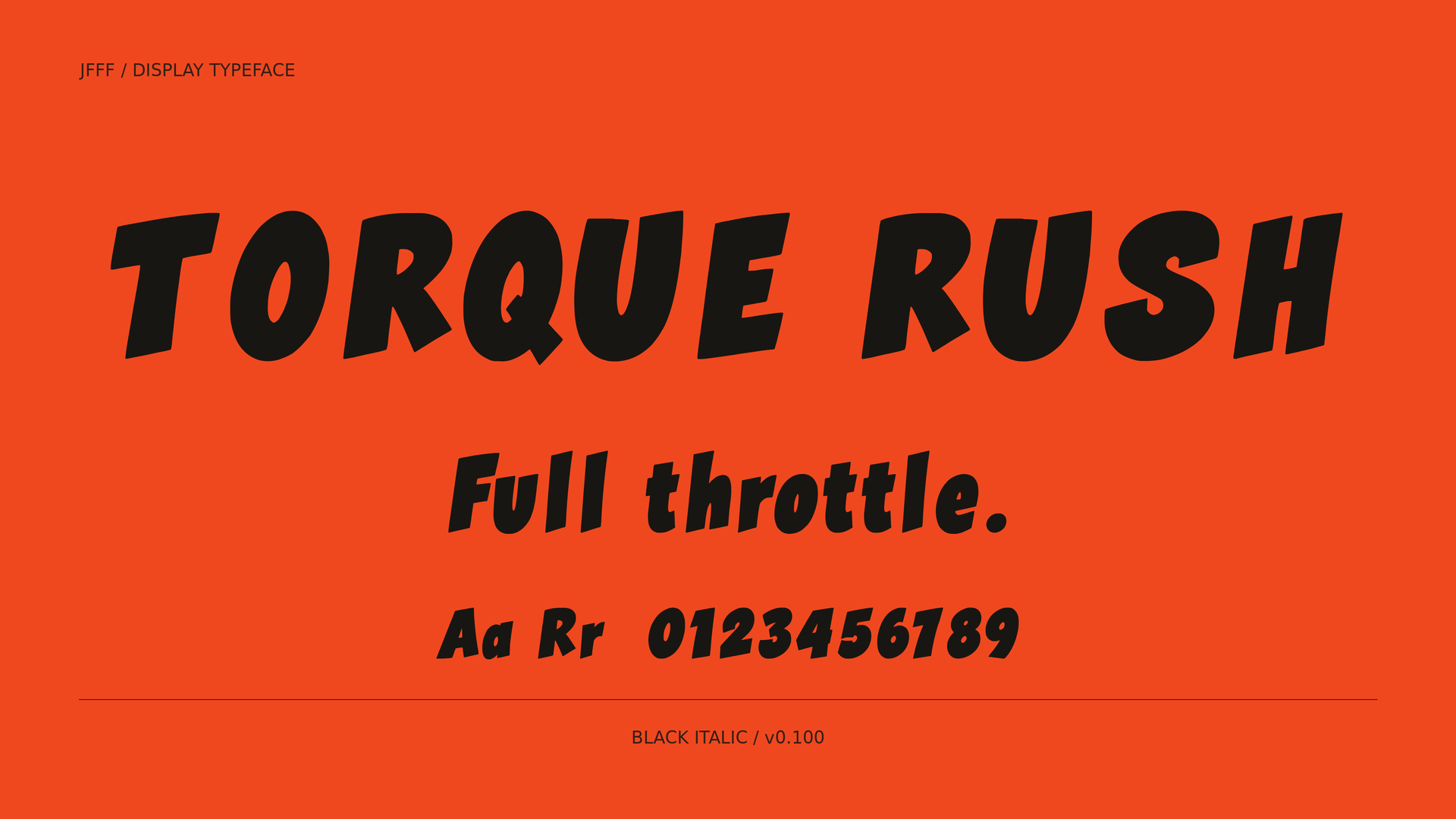실제 TORQUE RUSH Black Italic 글꼴로 조판한 16:9 미리보기. 두꺼운 획과 앞으로 기울어진 압축 비례가 보입니다.
