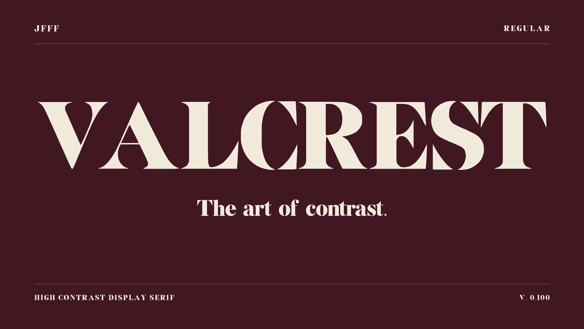 VALCREST 실제 글꼴로 구성한 와인색 16:9 커버. 아이보리 대문자와 The art of contrast 문구.