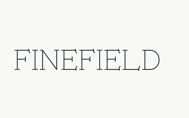FINEFIELD name in the actual light serif, set with generous open space.