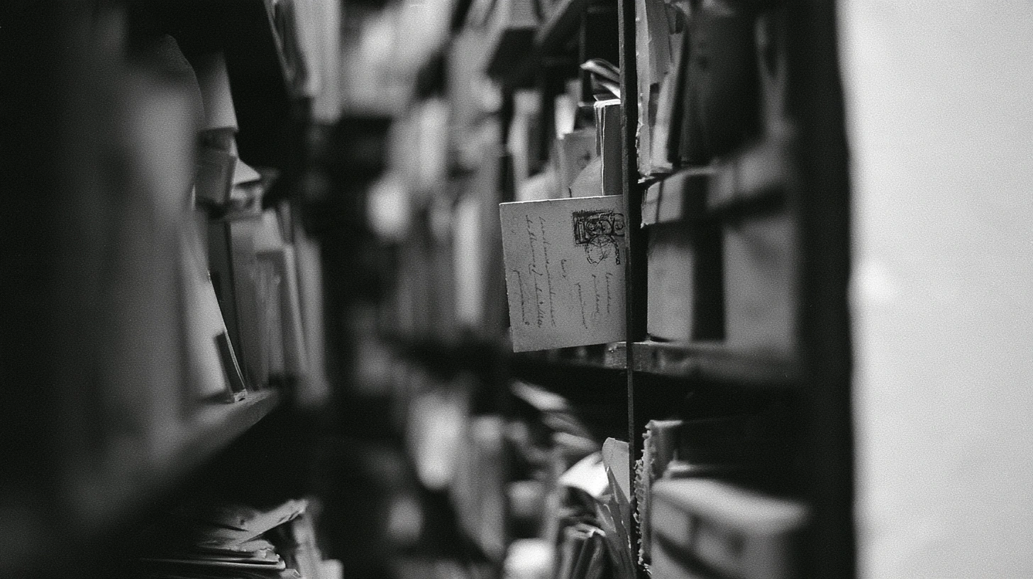 A monochrome close-up of books on a shelf.