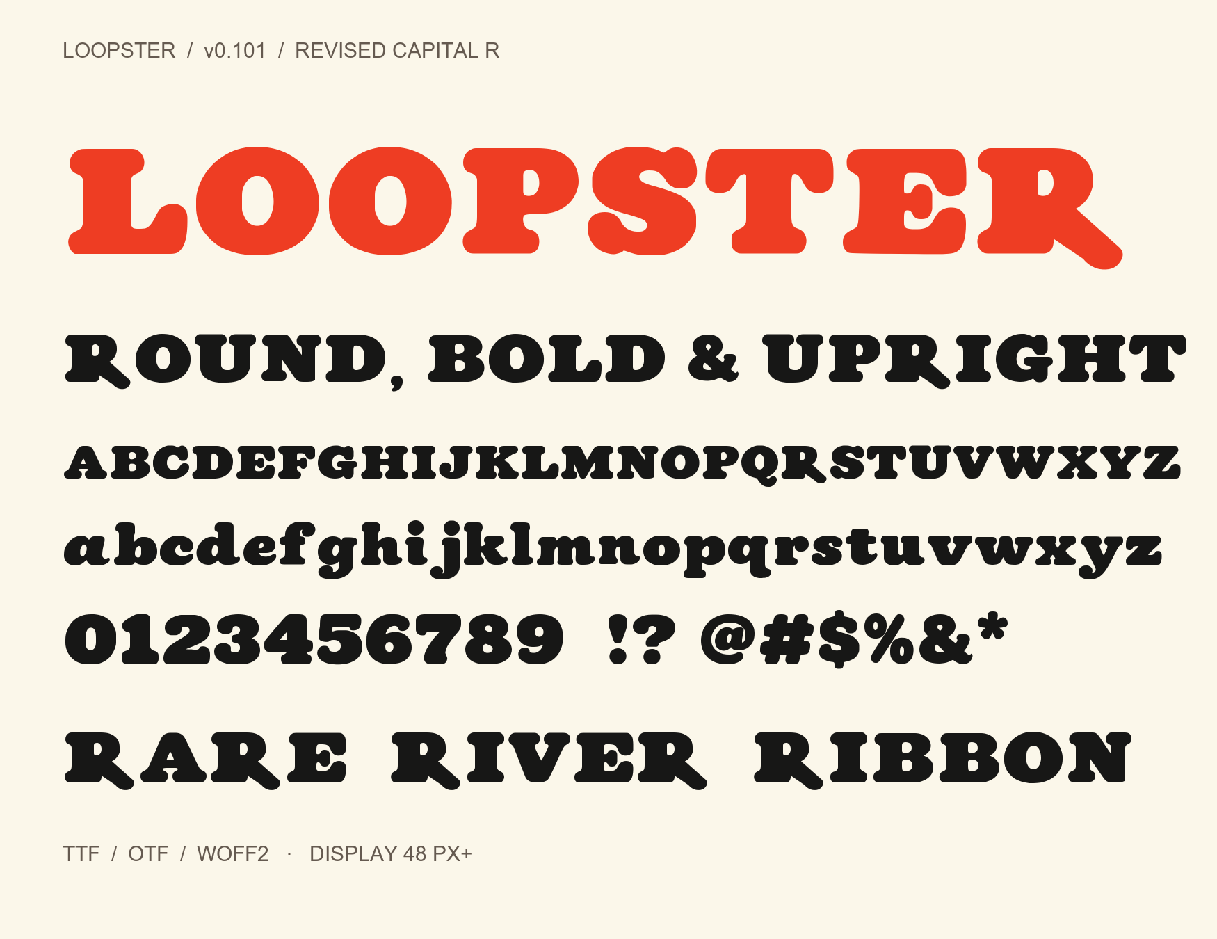LOOPSTER upright rounded display type, alphabet, figures and revised capital R.