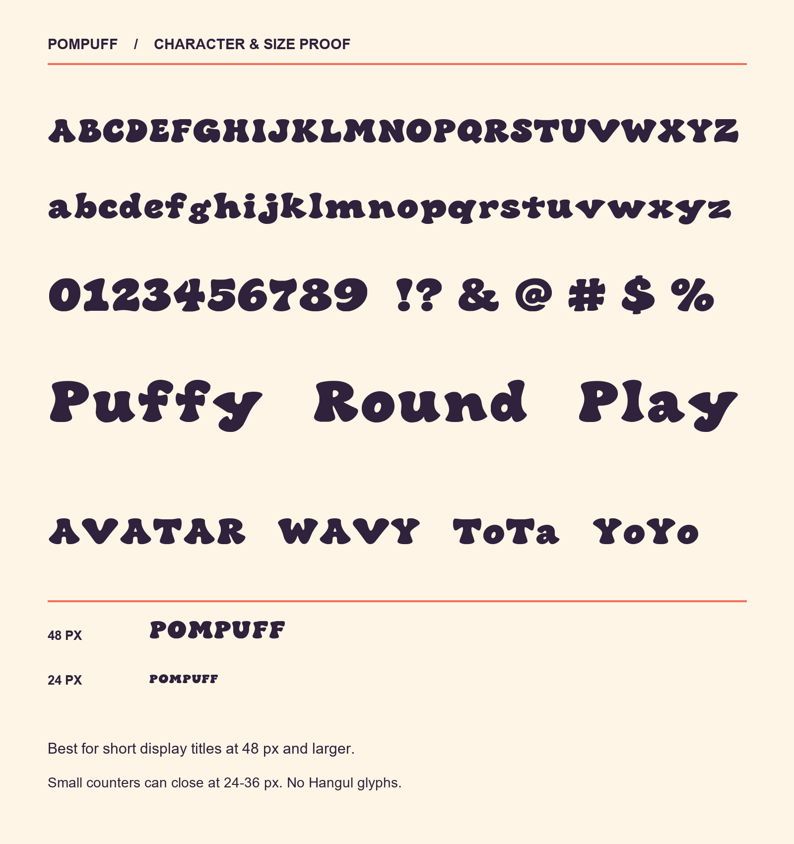 POMPUFF actual-font alphabet, numbers, sample words and 48 px versus 24 px size proof.