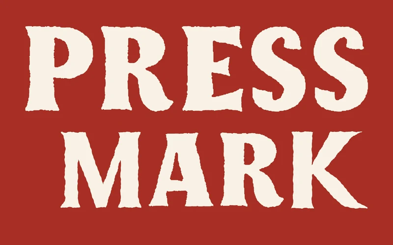 PRESS and MARK in oversized staggered ivory letters on a red field, set in PRESSMARK 0.340.