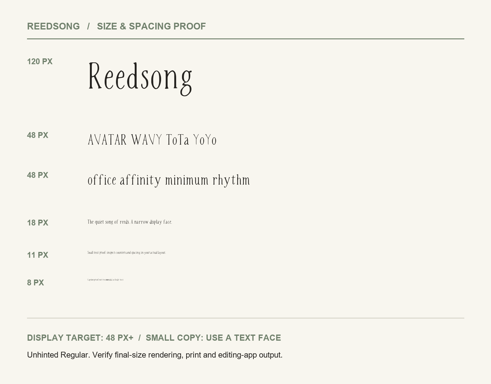 REEDSONG at 120, 48, 18, 11 and 8 pixels, showing its display strength and small-copy limit.
