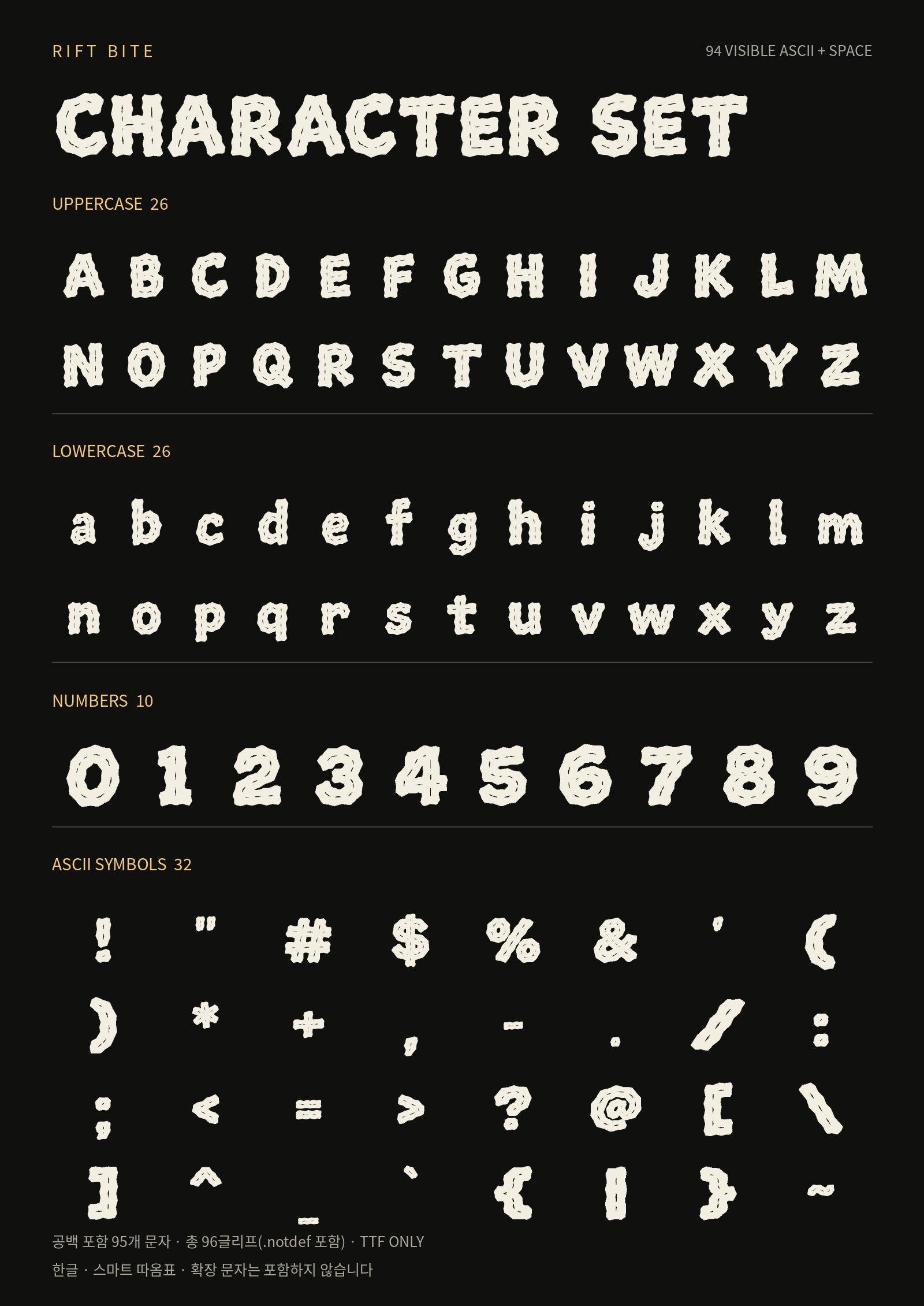 RIFT BITE uppercase, lowercase, numbers and ASCII symbols.