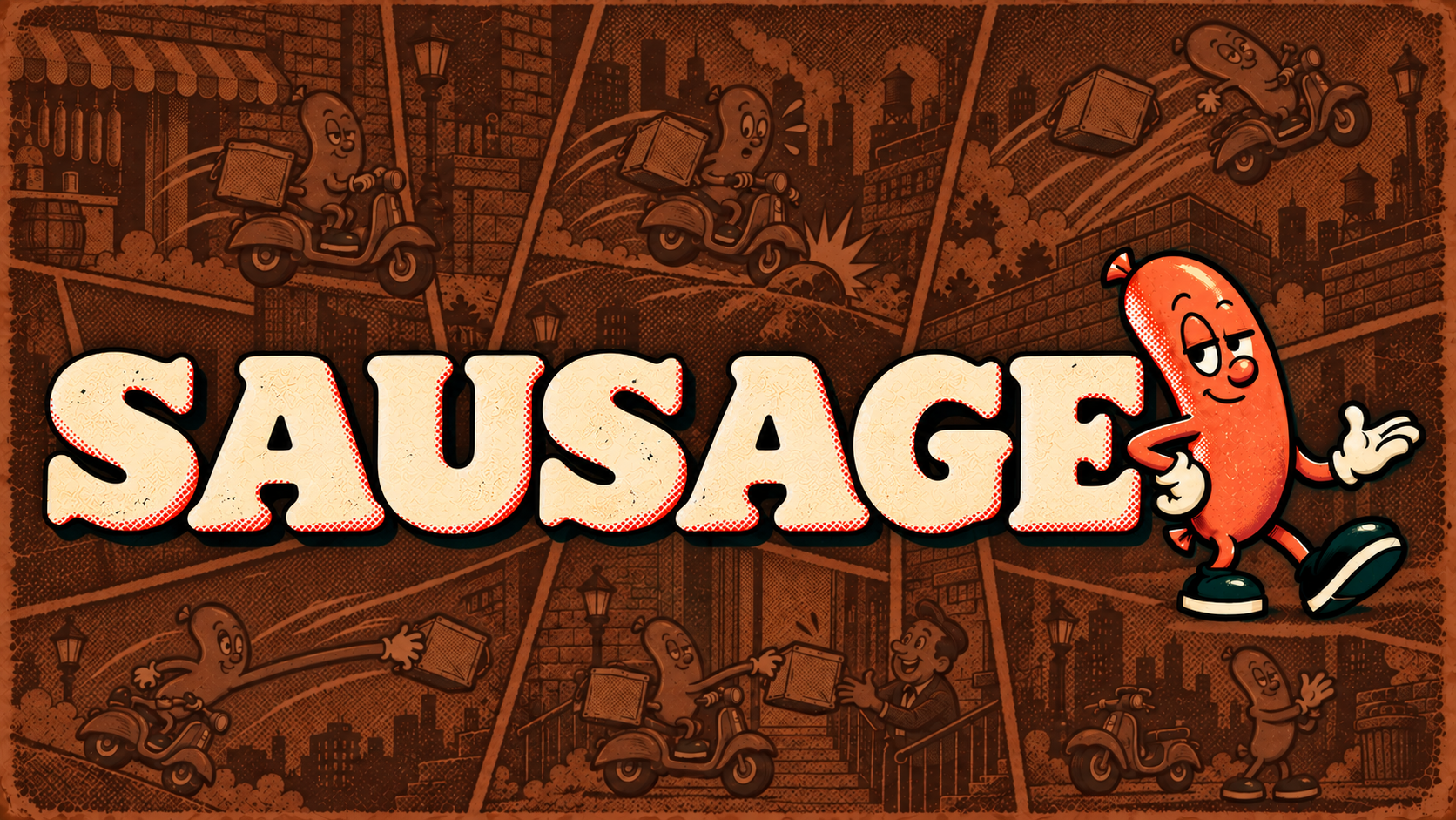 SAUSAGE title and smiling sausage character over a vintage comic city.