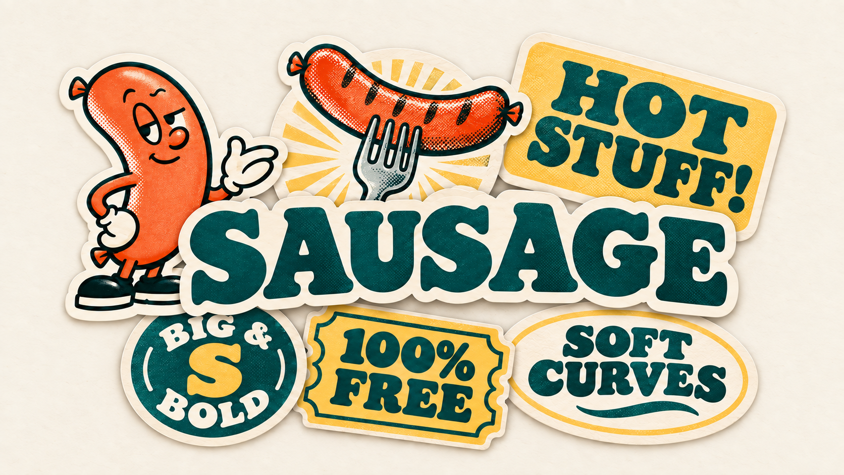 Layered SAUSAGE character and label stickers.