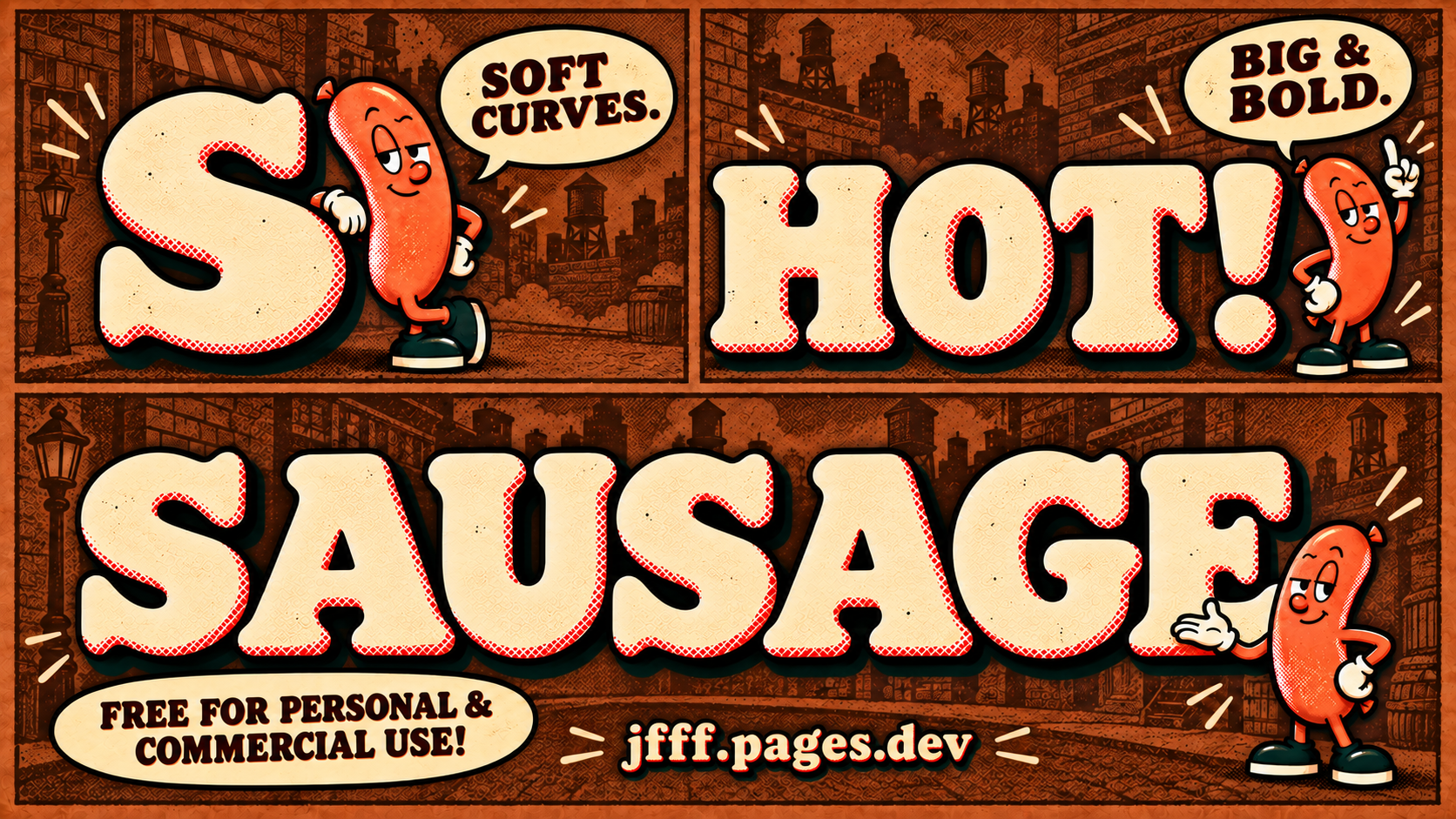Comic-style SAUSAGE introduction and free-download message ending at jfff.pages.dev.