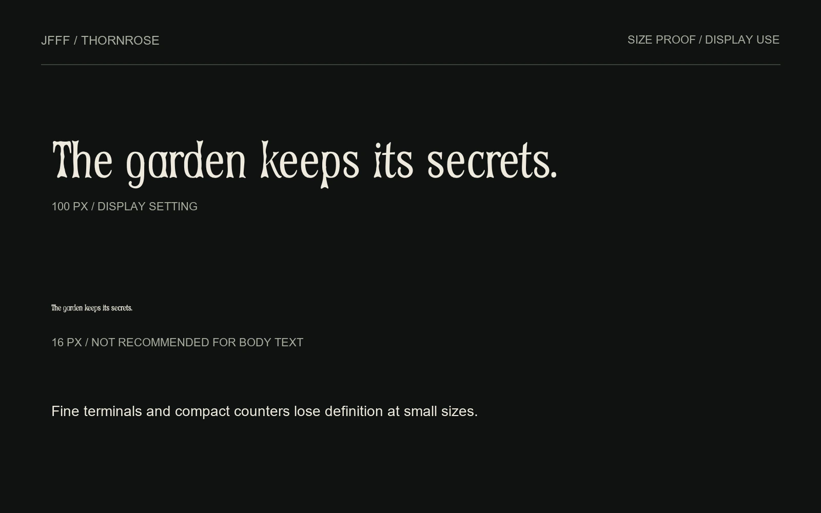 Size proof: the same sentence at 100 px and 16 px. Body-text use is not recommended.