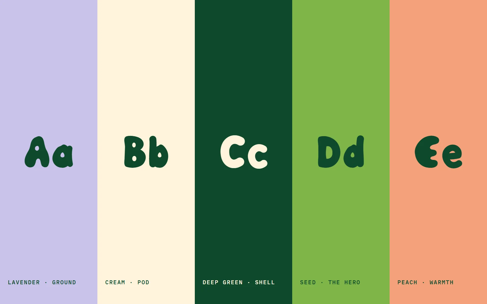 Five colours. Lavender ground, cream pod, deep-green shell, seed green and peach.