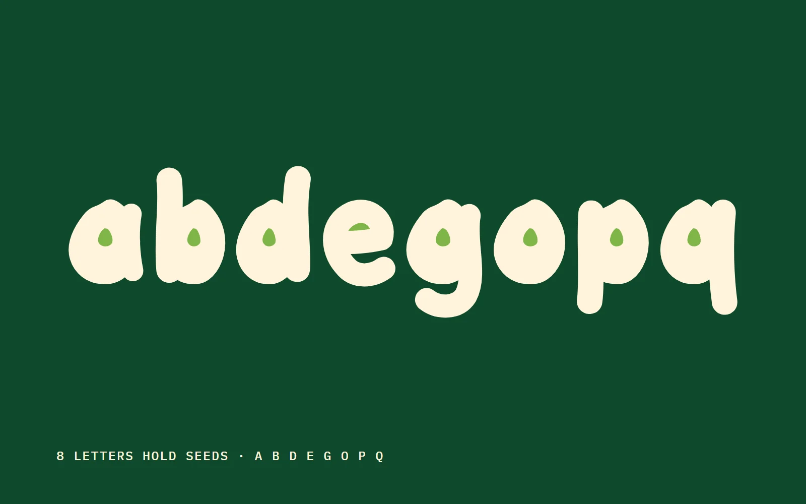 Eight letters hold seeds. a b d e g o p q