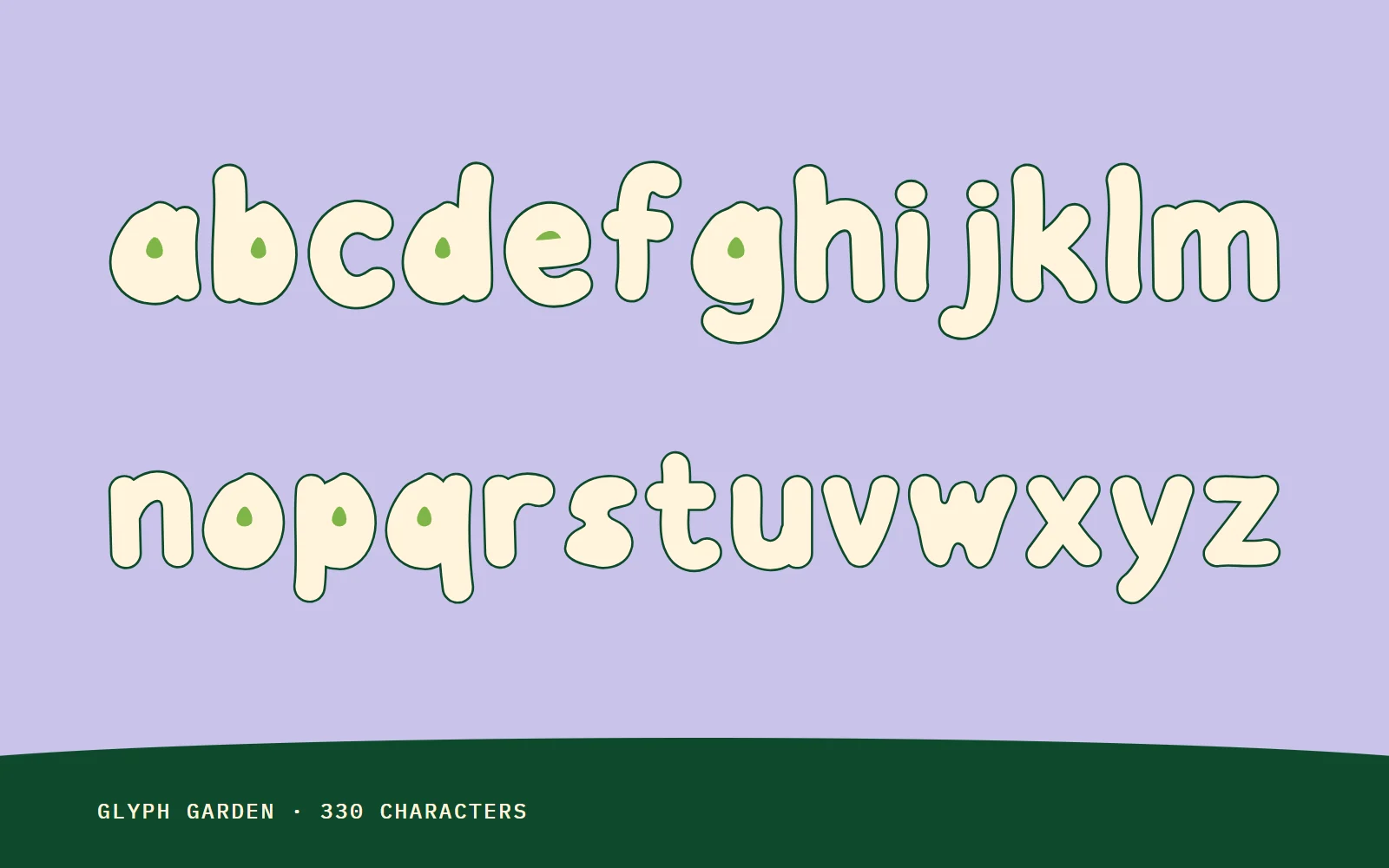 Glyph garden. Lowercase planted in rows. 330 characters per style.